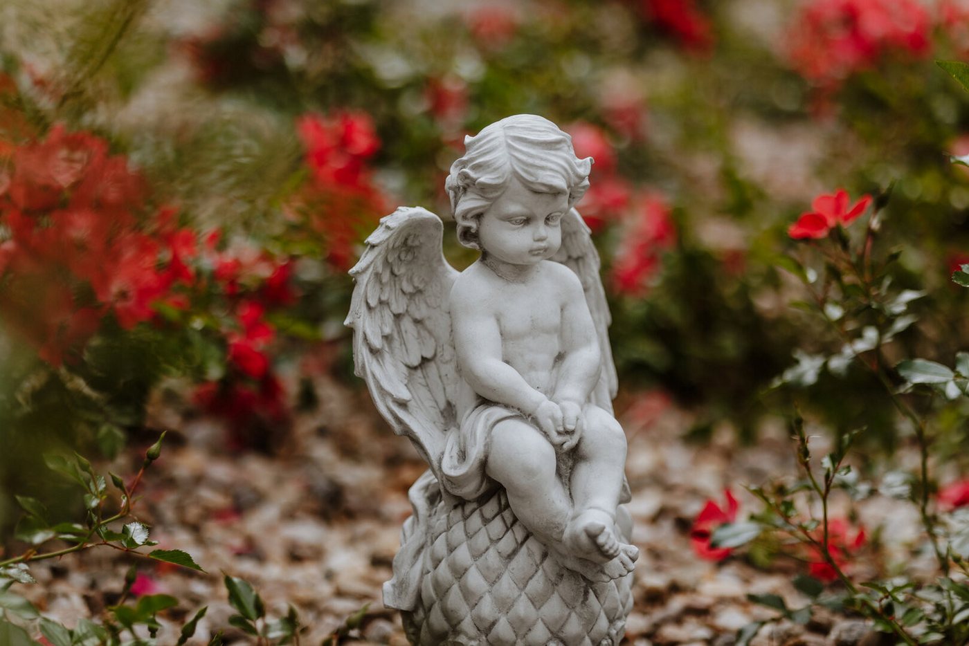 gartendekoparadies.de Gartenfigur Engel auf Einer Kugel Grabengel, Steinfigur, H. 37 cm, 6 kg, Frostsicher – Bild 4 von 5