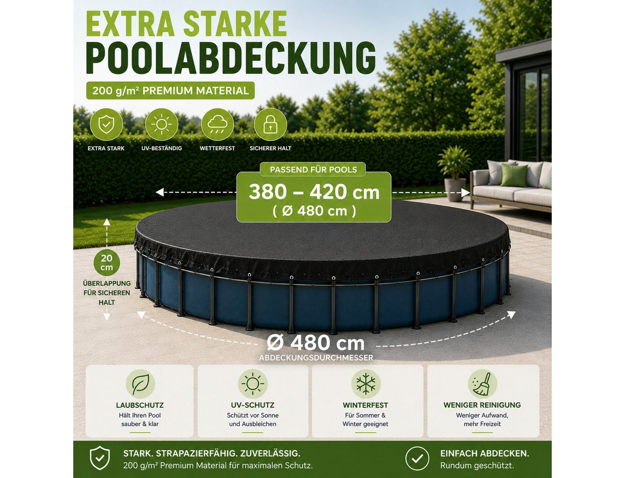 Gartiva® Poolüberdachung Schwarze runde Poolabdeckplane, 200 g/m², in sieben Größen – Bild 2 von 5