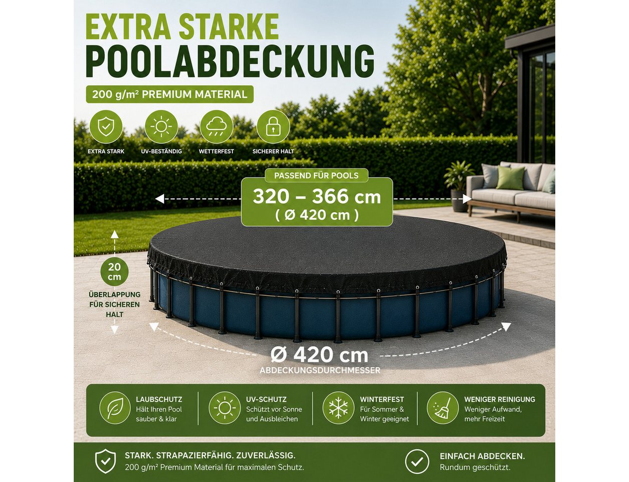 Gartiva® Poolüberdachung Schwarze runde Poolabdeckplane, 200 g/m², in sieben Größen – Bild 2 von 5