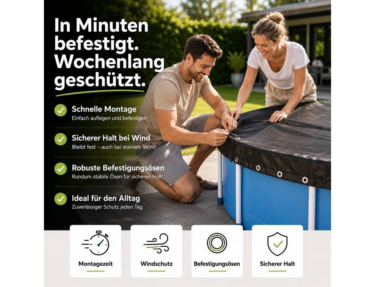 Gartiva® Poolüberdachung Schwarze runde Poolabdeckplane, 200 g/m², in sieben Größen – Bild 4 von 5