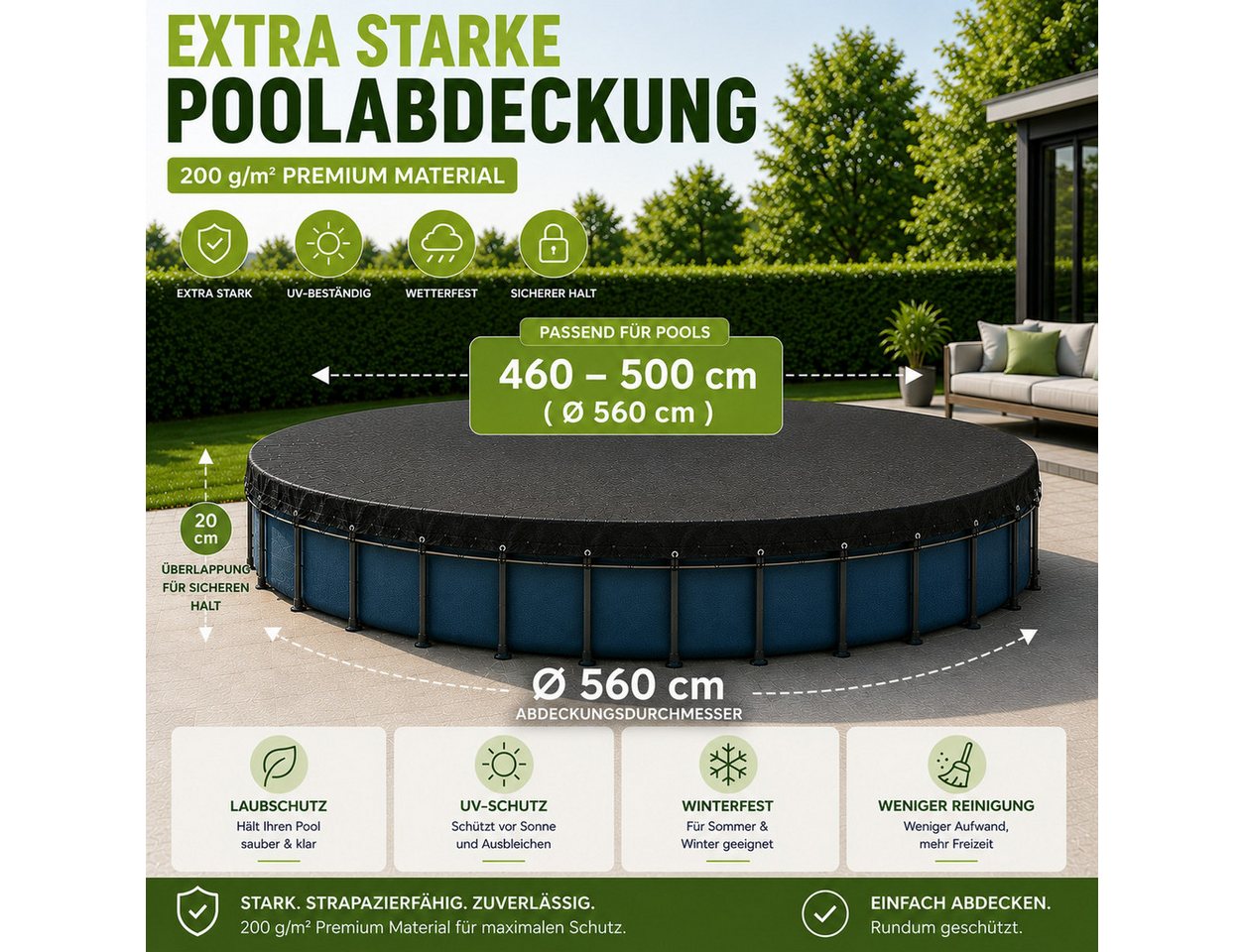 Gartiva® Poolüberdachung Schwarze runde Poolabdeckplane, 200 g/m², in sieben Größen – Bild 2 von 5