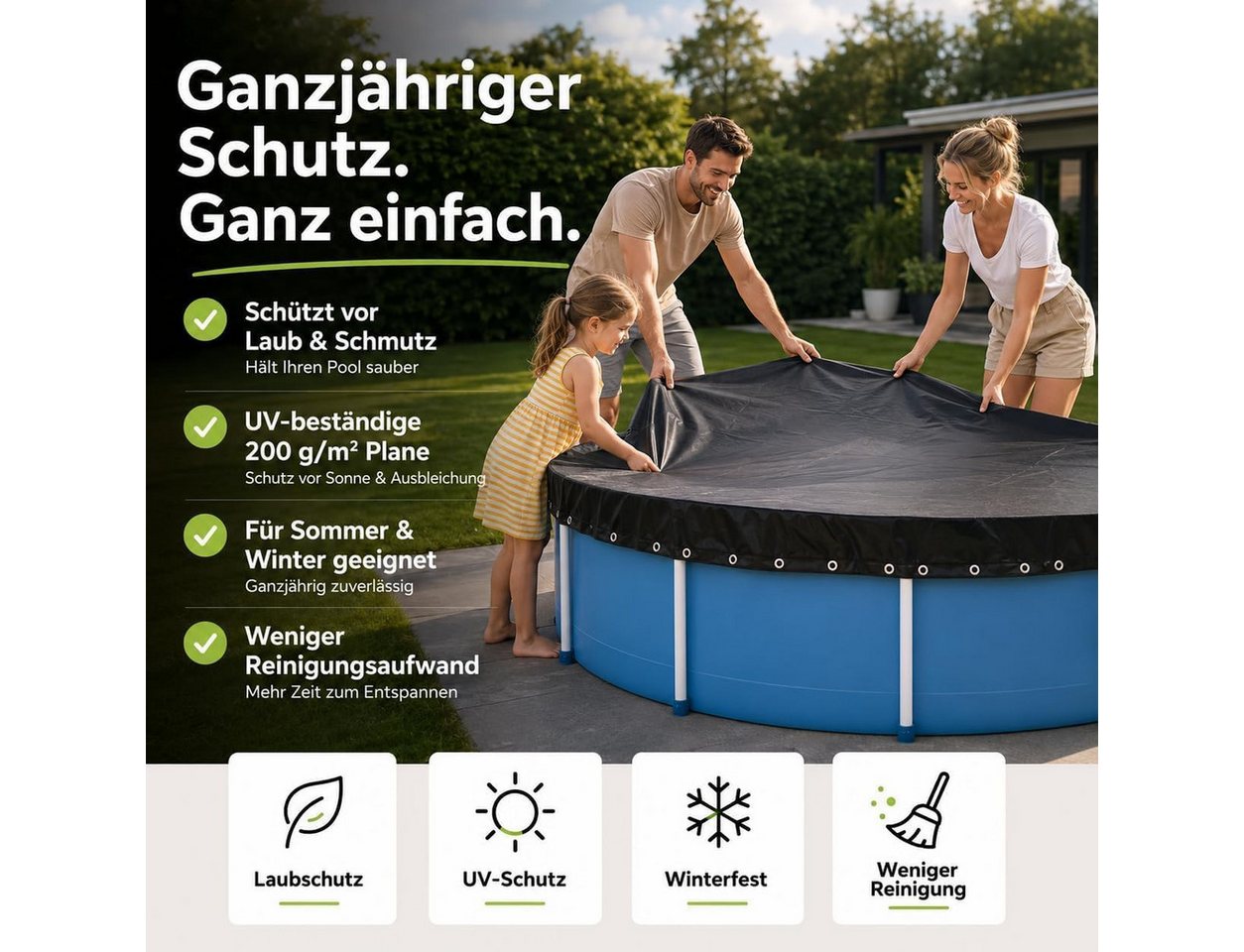 Gartiva® Poolüberdachung Schwarze runde Poolabdeckplane, 200 g/m², in sieben Größen – Bild 3 von 5