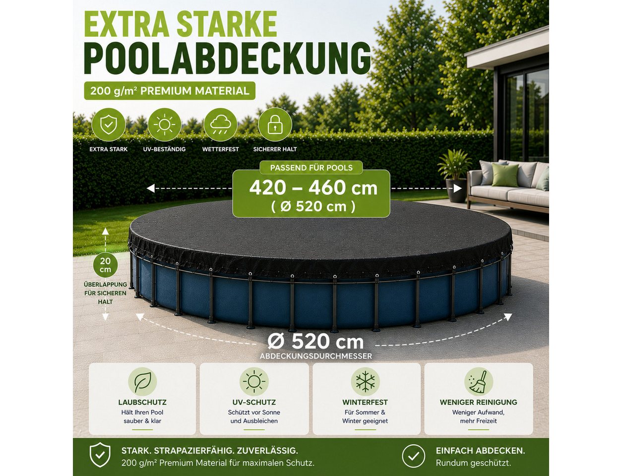 Gartiva® Poolüberdachung Schwarze runde Poolabdeckplane, 200 g/m², in sieben Größen – Bild 2 von 5