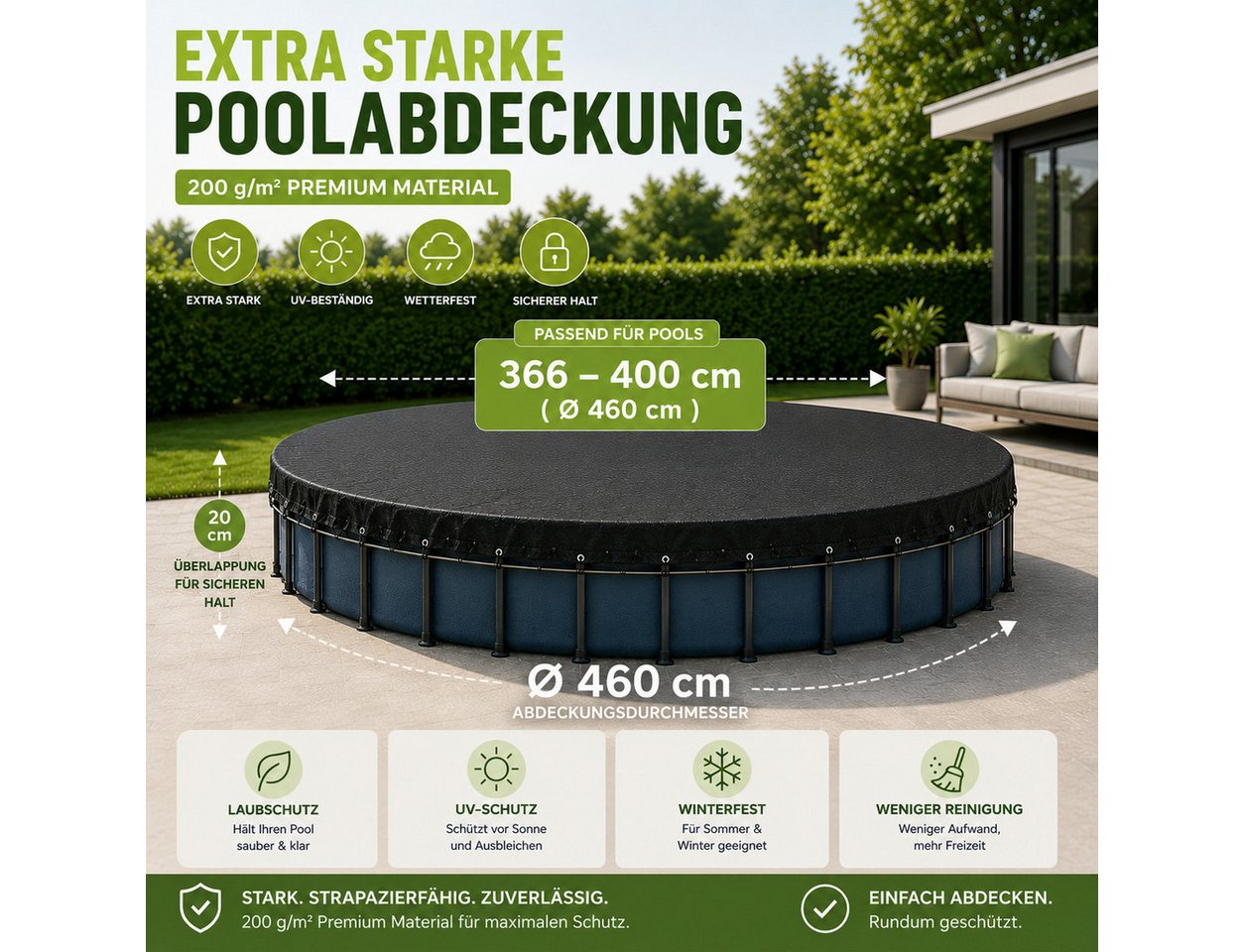 Gartiva® Poolüberdachung Schwarze runde Poolabdeckplane, 200 g/m², in sieben Größen – Bild 2 von 5