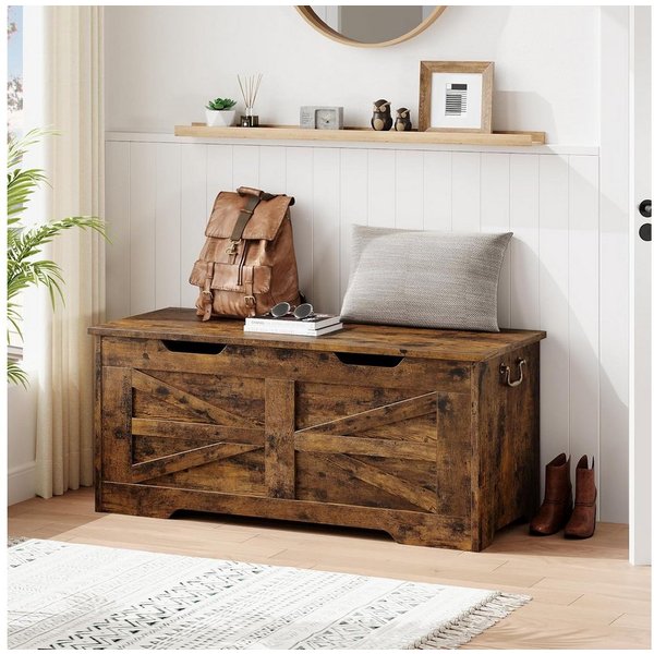 GarveeMore Aufbewahrungsbox 100cm Holz-Sitzbank mit Sicherheits-Scharnier,Aufbewahrungstruhe, Truhe mit Klappdeckel (z. B. für Decken), belastbar bis 159 kg