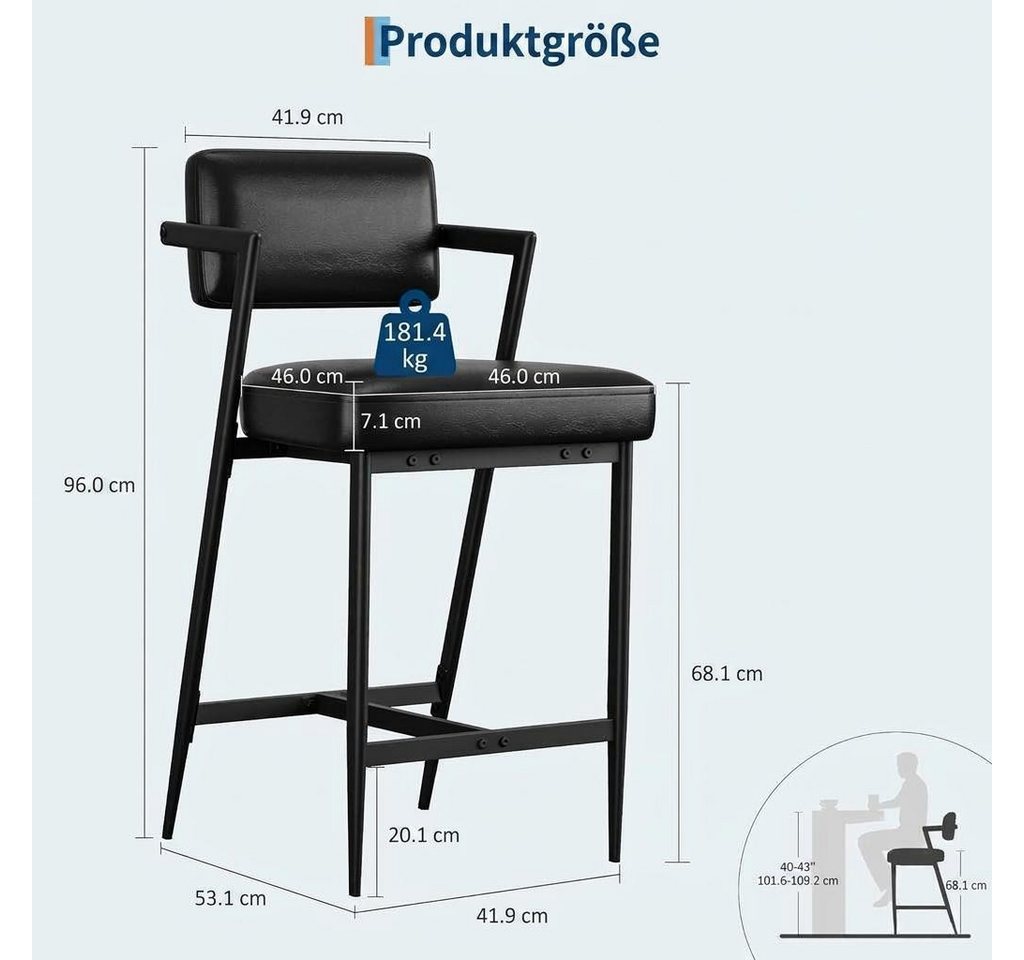 GarveeMore Barhocker 2er-Set mit dicker Polsterung und verstärkten Metallbeinen 68cm hohe, Barhocker mit Arm- und Fußstütze für Kücheninsel,Tresen oder Küche – Bild 2 von 5