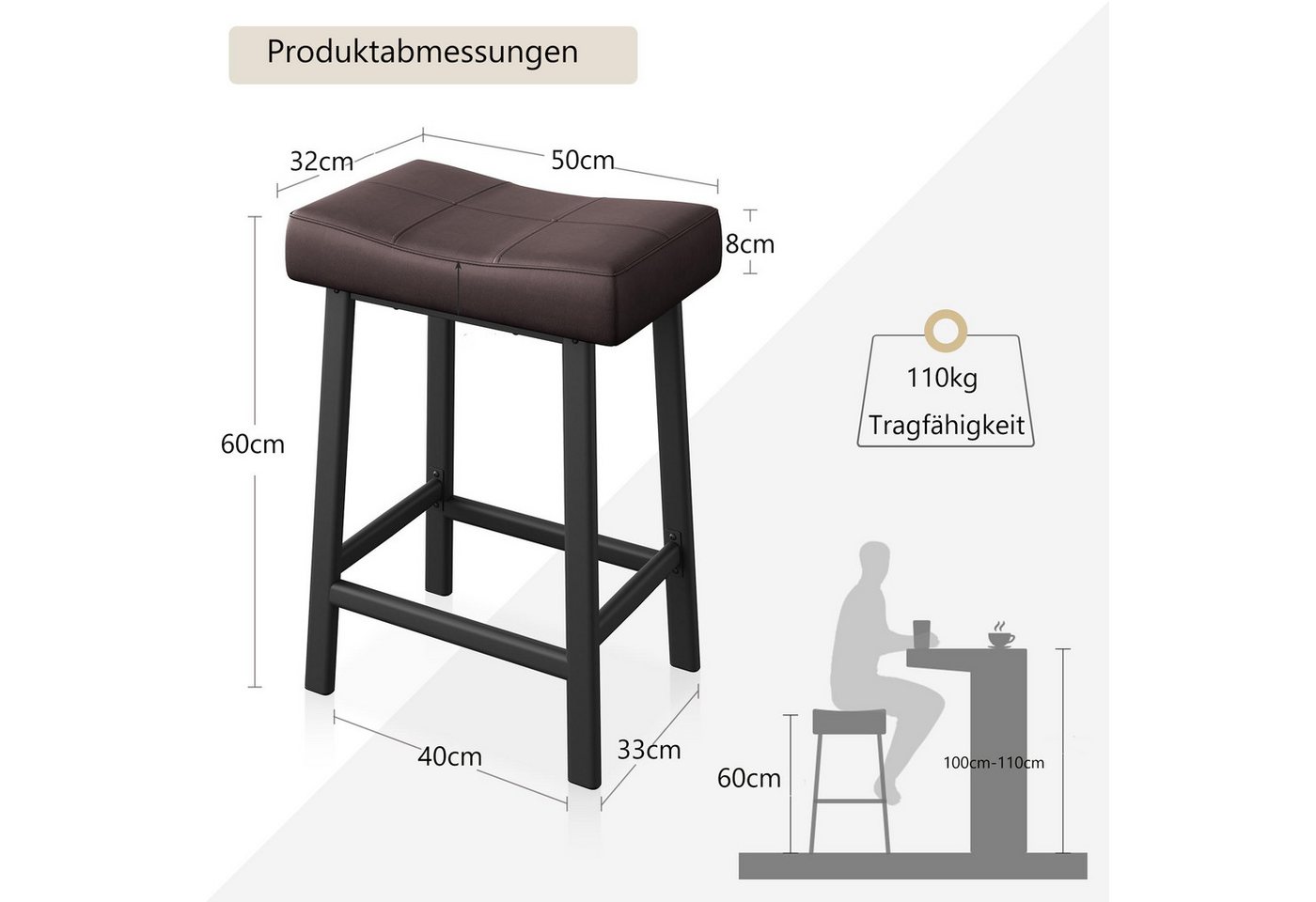 GarveeMore Barhocker aus PU-Leder, Barstuhl 2/4er Set Bistrostuhl Küchenhocker (2 St) – Bild 3 von 5