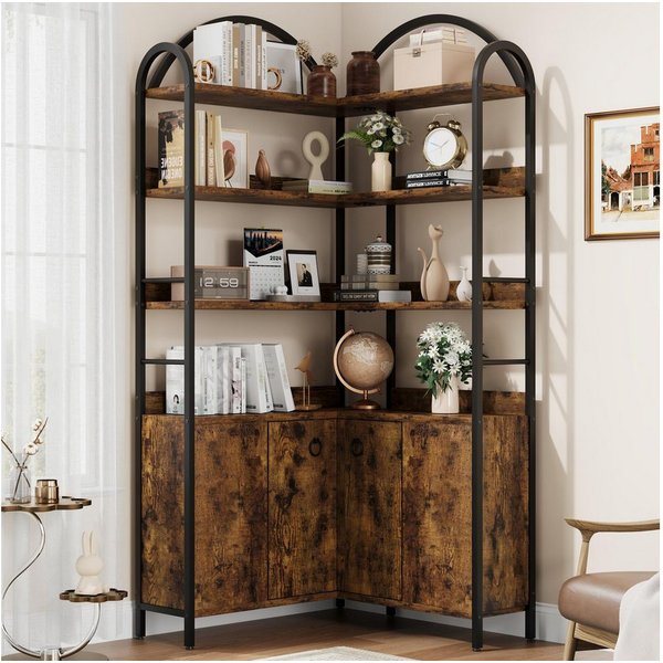 GarveeMore Bücherregal 6 Ebenen L-förmiges Eckregal Ablageregal Stauraumregal Mehrzweckregal, 189 cm Bogen Eckbücherregal Aktenregal Regal Standregal, Metallrah