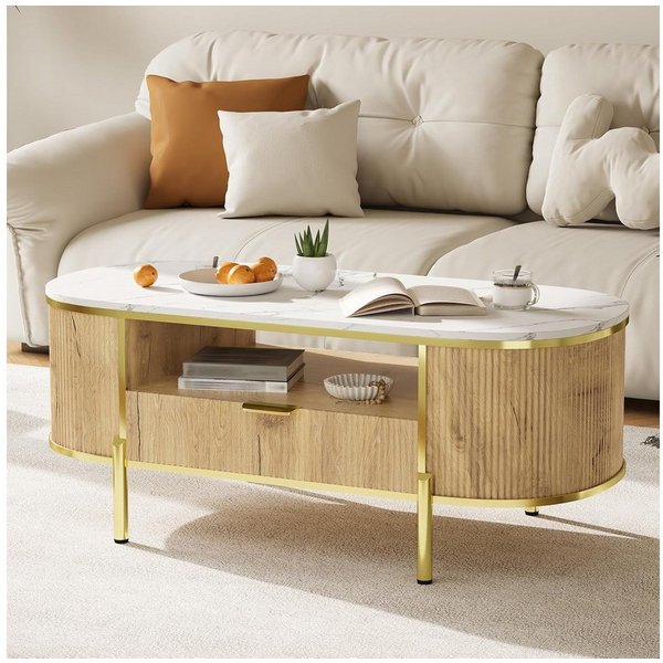 GarveeMore Couchtisch Moderner Luxus-Beistelltisch mit geschwungenem Design 122x56x48cm, geriffeltem Korpus,Tischplatte in Marmoroptik goldenen Metalldetails
