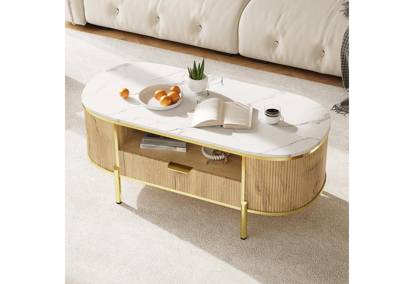 GarveeMore Couchtisch Moderner Luxus-Beistelltisch mit geschwungenem Design 122x56x48cm, geriffeltem Korpus,Tischplatte in Marmoroptik goldenen Metalldetails – Bild 2 von 5