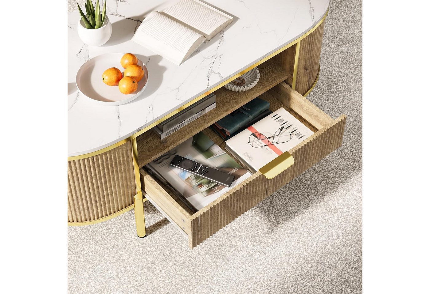 GarveeMore Couchtisch Moderner Luxus-Beistelltisch mit geschwungenem Design 122x56x48cm, geriffeltem Korpus,Tischplatte in Marmoroptik goldenen Metalldetails – Bild 3 von 5
