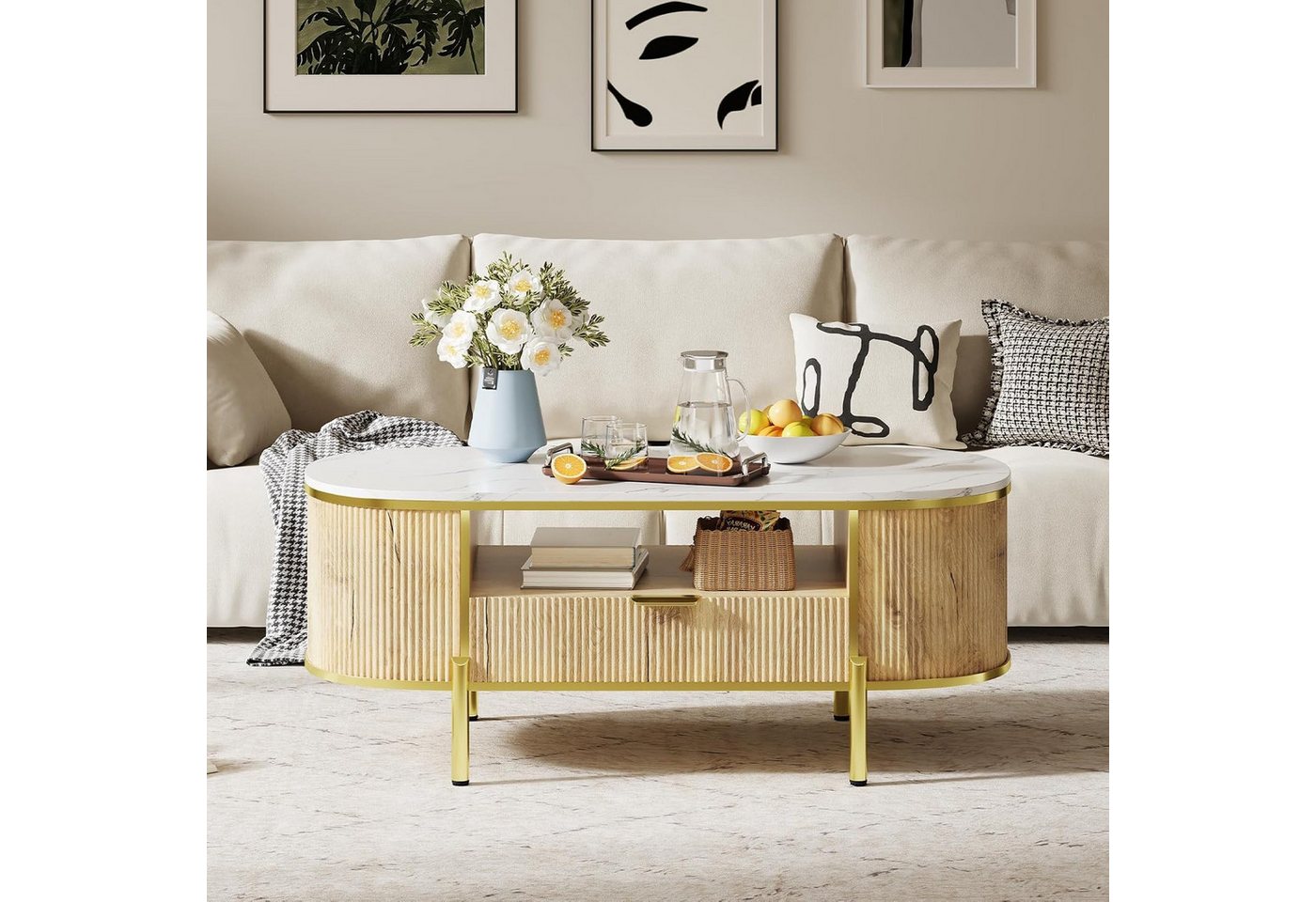 GarveeMore Couchtisch Moderner Luxus-Beistelltisch mit geschwungenem Design 122x56x48cm, geriffeltem Korpus,Tischplatte in Marmoroptik goldenen Metalldetails – Bild 4 von 5