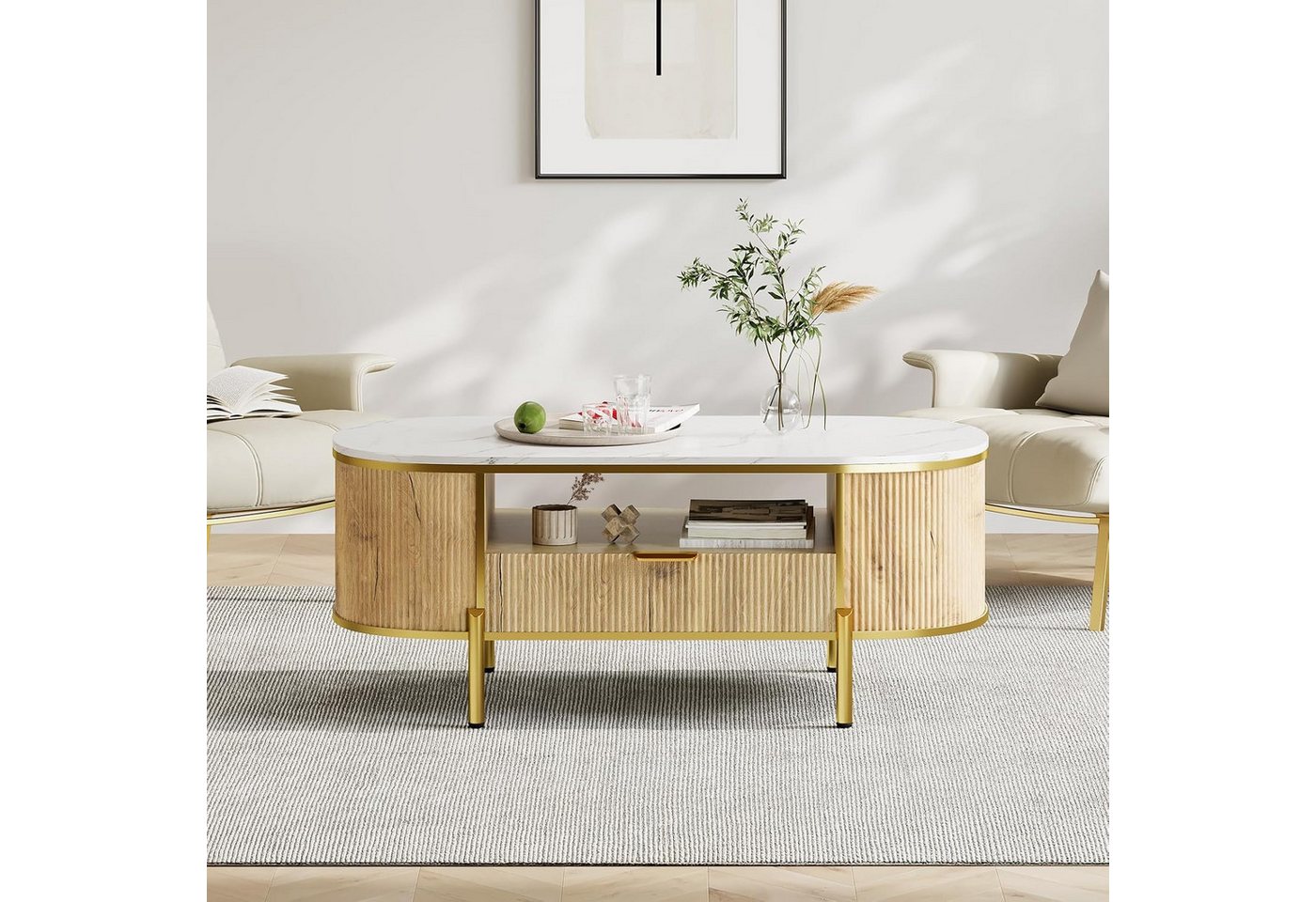 GarveeMore Couchtisch Moderner Luxus-Beistelltisch mit geschwungenem Design 122x56x48cm, geriffeltem Korpus,Tischplatte in Marmoroptik goldenen Metalldetails – Bild 5 von 5