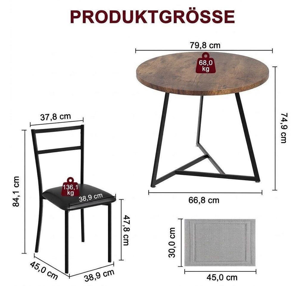 GarveeMore Essgruppe Esstisch mit 2 Stühlen,für Küche & Esszimmer, Runder Esstisch mit 2 Gepolsterter Sitz für kleinen Raum – Bild 2 von 5