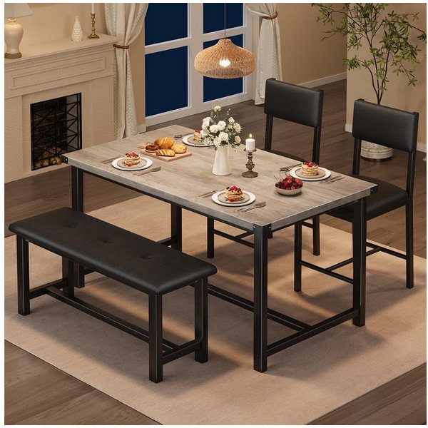 GarveeMore Essgruppe für 4,Esstisch mit 2 gepolsterten Stühlen und Bank, Holzküchen-Esszimmer-Set,für kleine Räume,Wohnung,Haus,Küche