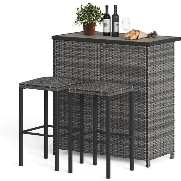 GarveeMore Essgruppe Polyrattan Garten-Barset, 3-teiliger Bartisch, Gartenmöbel-Sitzgruppe, RattanBar,Tresentisch,Barset,Gartentheke,Barhocker,Barstuhl,Sitzgrup