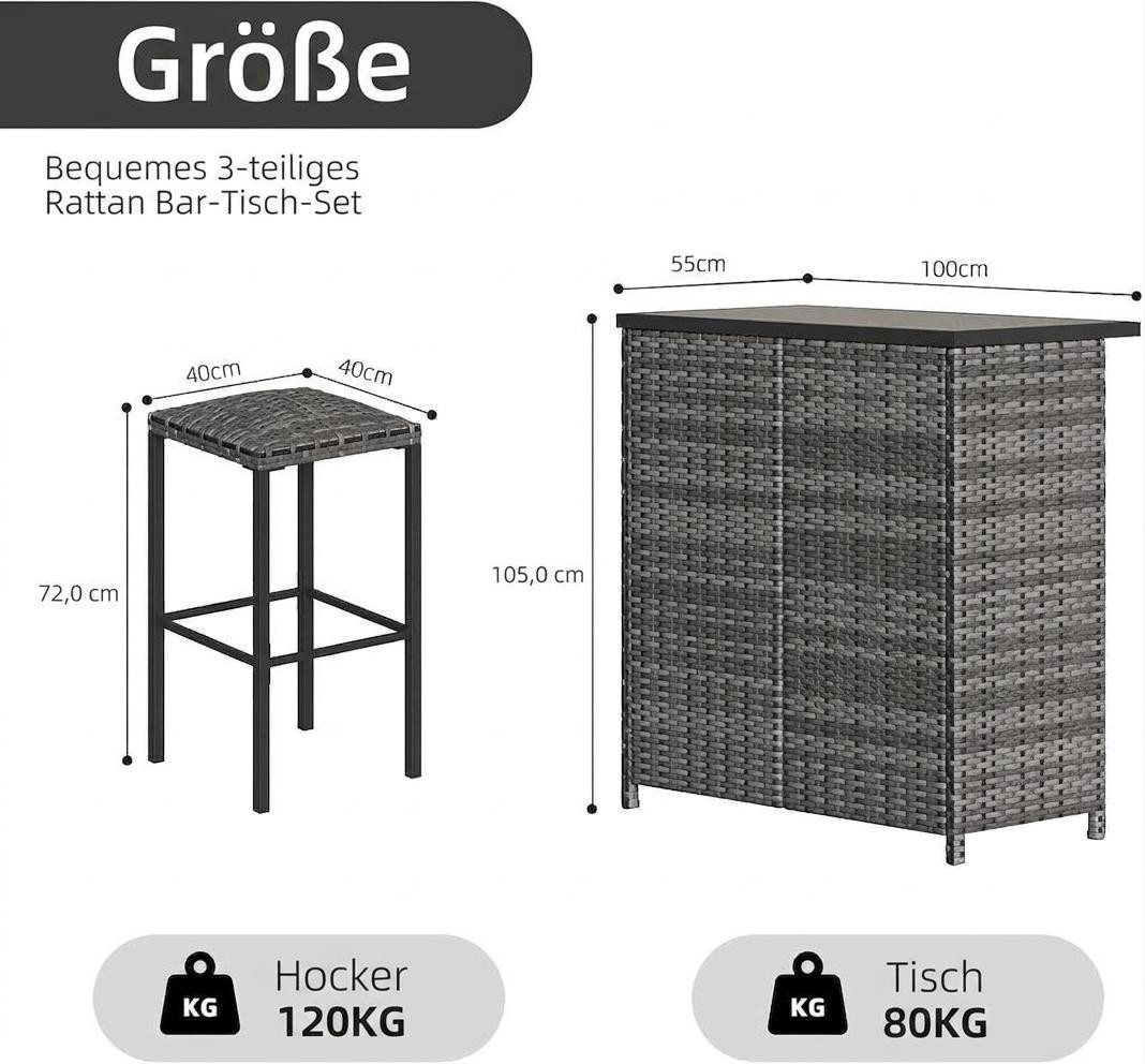 GarveeMore Essgruppe Polyrattan Garten-Barset, 3-teiliger Bartisch, Gartenmöbel-Sitzgruppe, RattanBar,Tresentisch,Barset,Gartentheke,Barhocker,Barstuhl,Sitzgrup – Bild 2 von 5