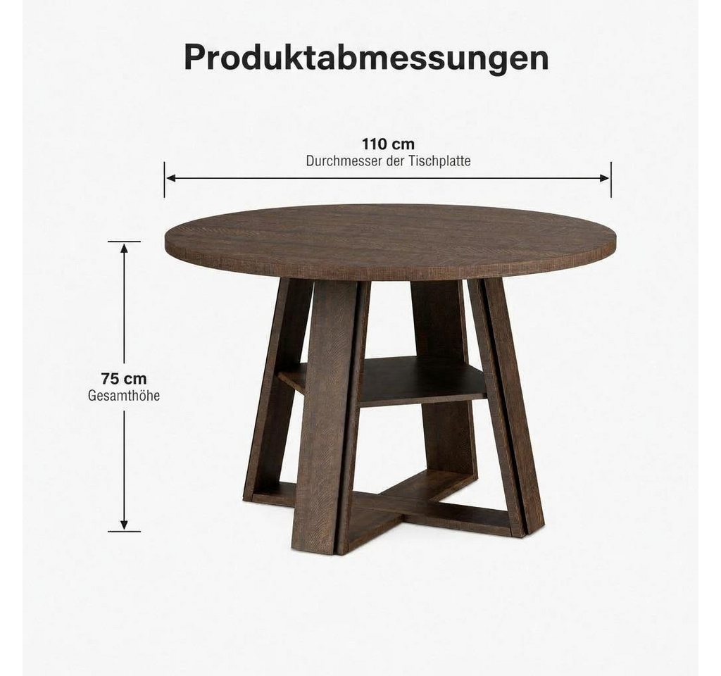 GarveeMore Esstisch 110cm Durchmesser Runder Küchentisch Kulissen-Esstisch Wohnzimmertisch (1-St., 1 Tisch), für 4-6 Personen mit Holzsockel und Ablagefläche –  – Bild 2 von 5