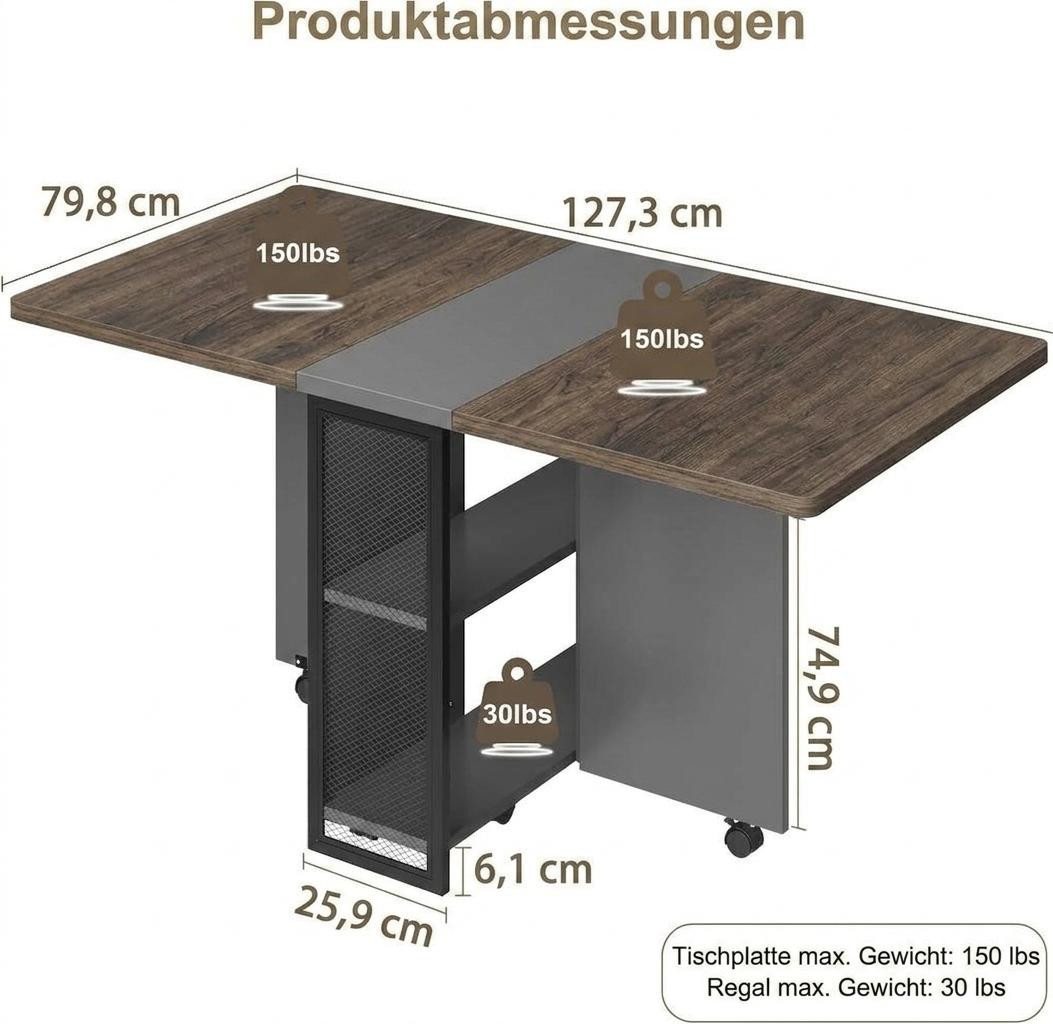 GarveeMore Esstisch Klappbarer mit 2 Ablagefächern,ausziehbarer,für kleine Räume, vielseitiger Klapptisch für Küche und Büro,Schreibtisch,Esszimmermöbel – Bild 2 von 5