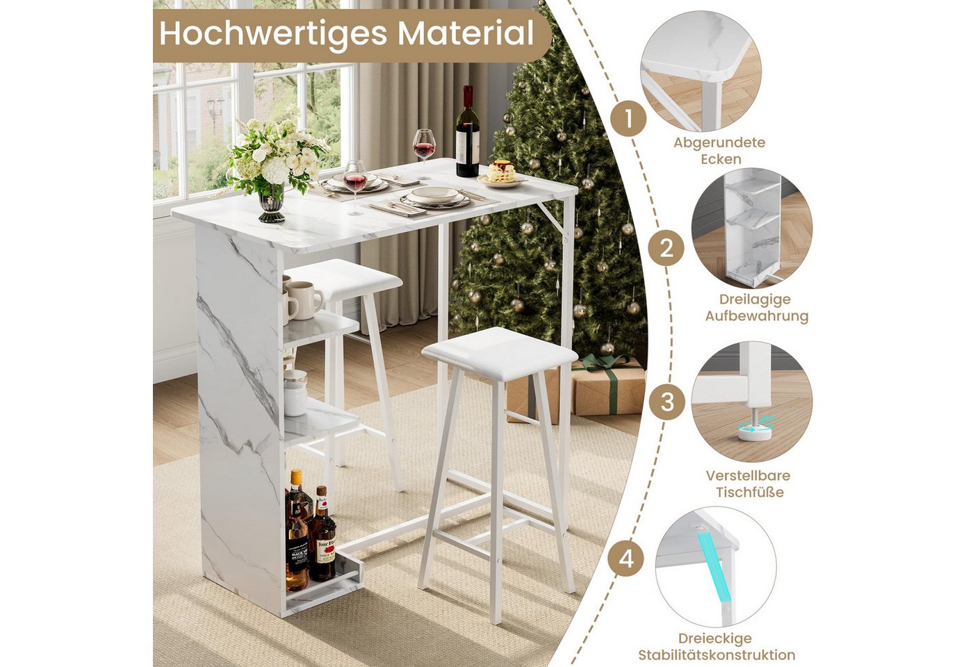 GarveeMore Esstisch Kleines Bartisch- und Stuhl Set, 3-teiliges Bartisch Set – Bild 4 von 5