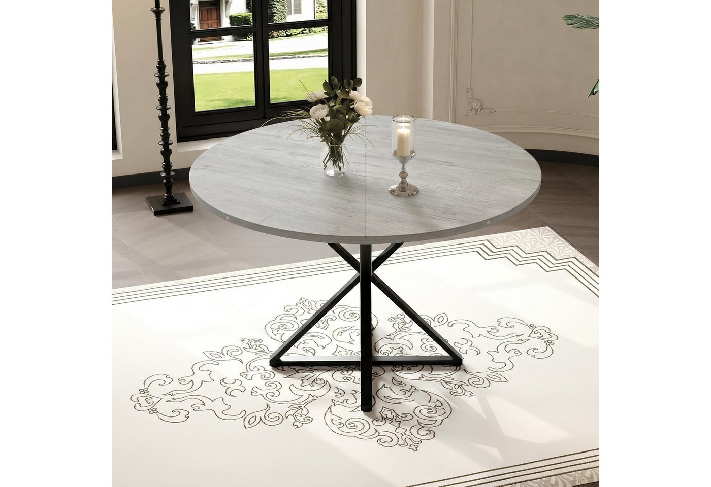 GarveeMore Esstisch runder aus Holz,robuster Metallsockel für 4 Personen, Küchentische mit rundem Sockel für Esszimmer,Küche,Wohnzimmer – Bild 4 von 5