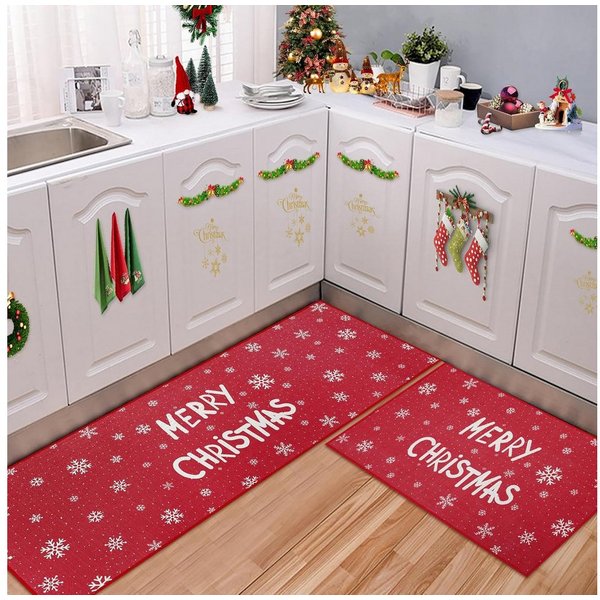 GarveeMore Fußmatte Weihnachts Sets,Weihnachts Küchenmatte Frohe Weihnachten, Schneeflocke 2-teilig rutschfeste Läufer Teppich-Set,40x60,40x120CM