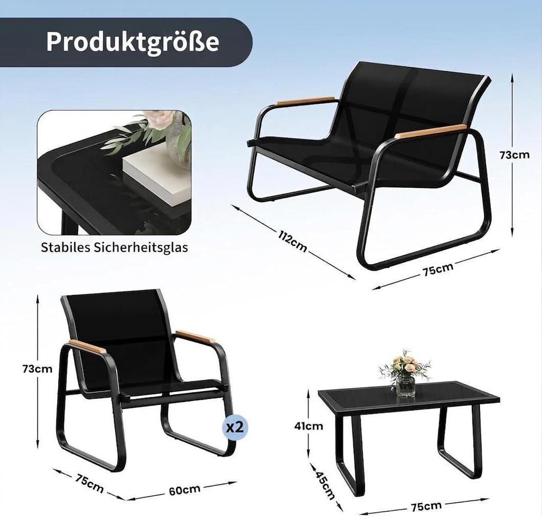 GarveeMore Gartenlounge-Set 4-TLG,Textilene Balkonmöbel Set mit Tisch, Sofa und 2 Stühlen, Stahl, Sitzgruppefür Garten, Balkon, Außen – Bild 2 von 5