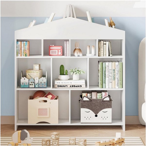 GarveeMore Kinderregal Kinder Bücherregal mit 9 Ablagefächern Puppenhaus Bücherregal