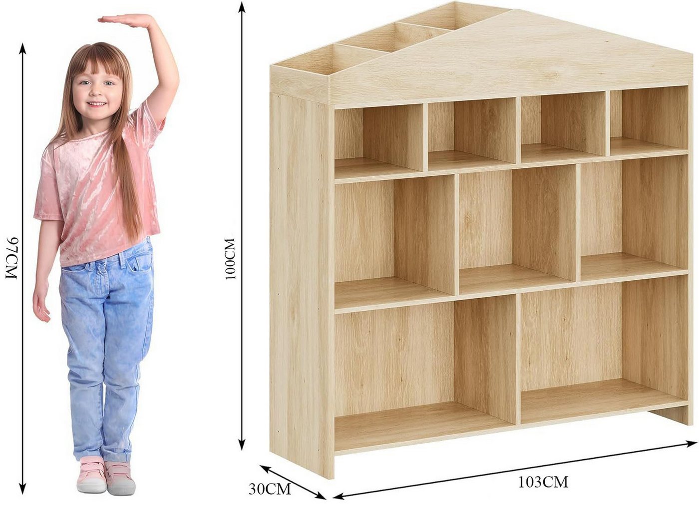 GarveeMore Kinderregal Kinder Bücherregal mit 9 Ablagefächern Puppenhaus Bücherregal – Bild 2 von 5