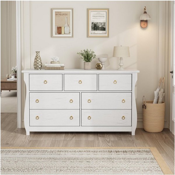 GarveeMore Kommode Boho-Charme Schubkastenkommode Nachtkommode Sideboard mit 7-Schubladen, 137 cm breit Anrichte, TV-Schrank für Schlafzimmer, Wohnzimmer, Flur