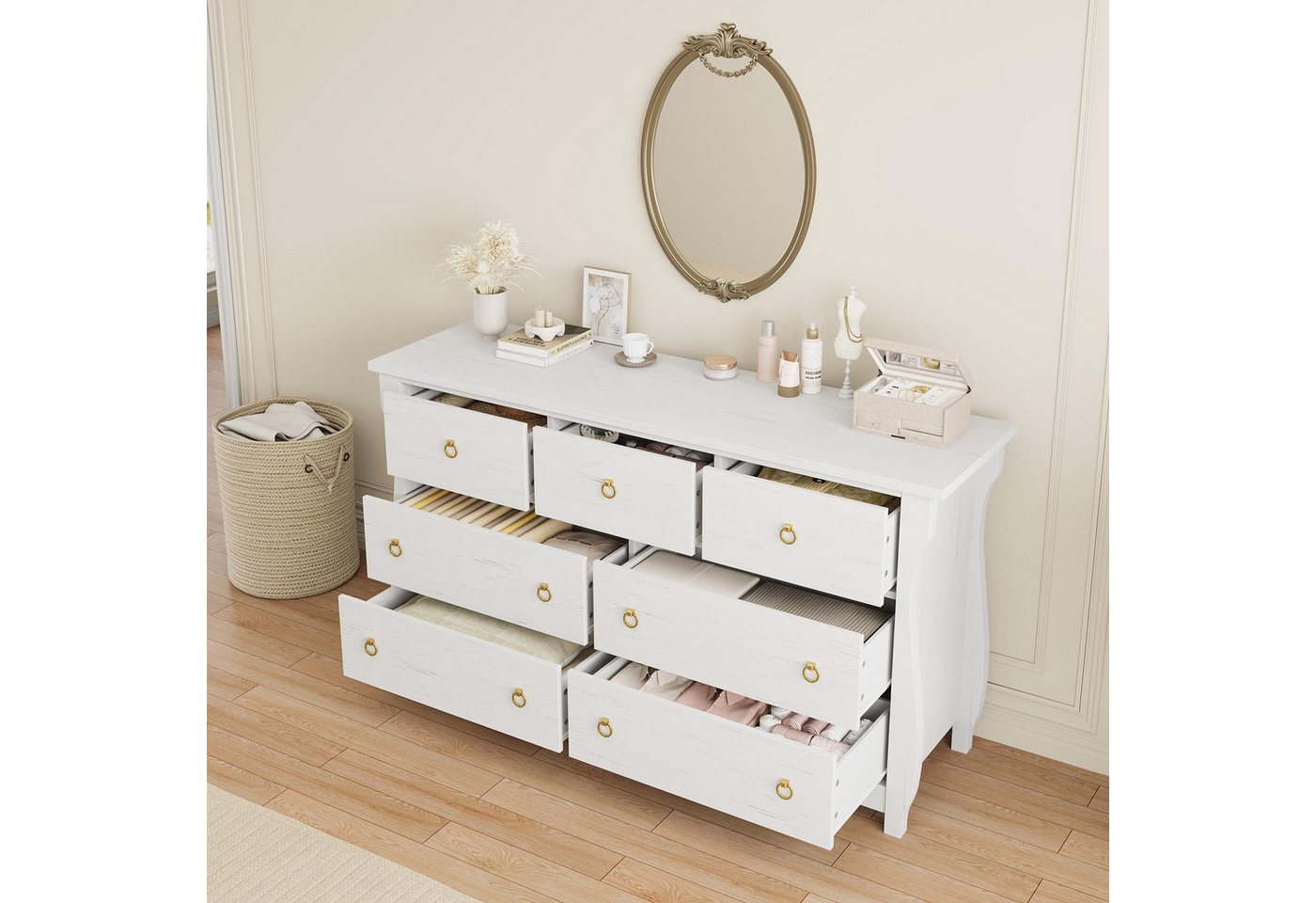 GarveeMore Kommode Boho-Charme Schubkastenkommode Nachtkommode Sideboard mit 7-Schubladen, 137 cm breit Anrichte, TV-Schrank für Schlafzimmer, Wohnzimmer, Flur – Bild 3 von 5