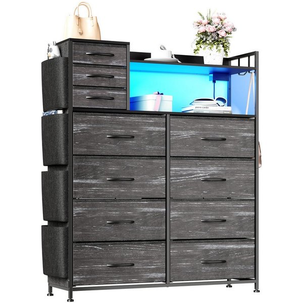GarveeMore Kommode Highboard Kombikommode Schubkastenkommode mit 8+3 Stoffschubladen (1 St), Hochkommode mit 4 Seitenfächer, USB-Anschluss, LED, Haken und Regal