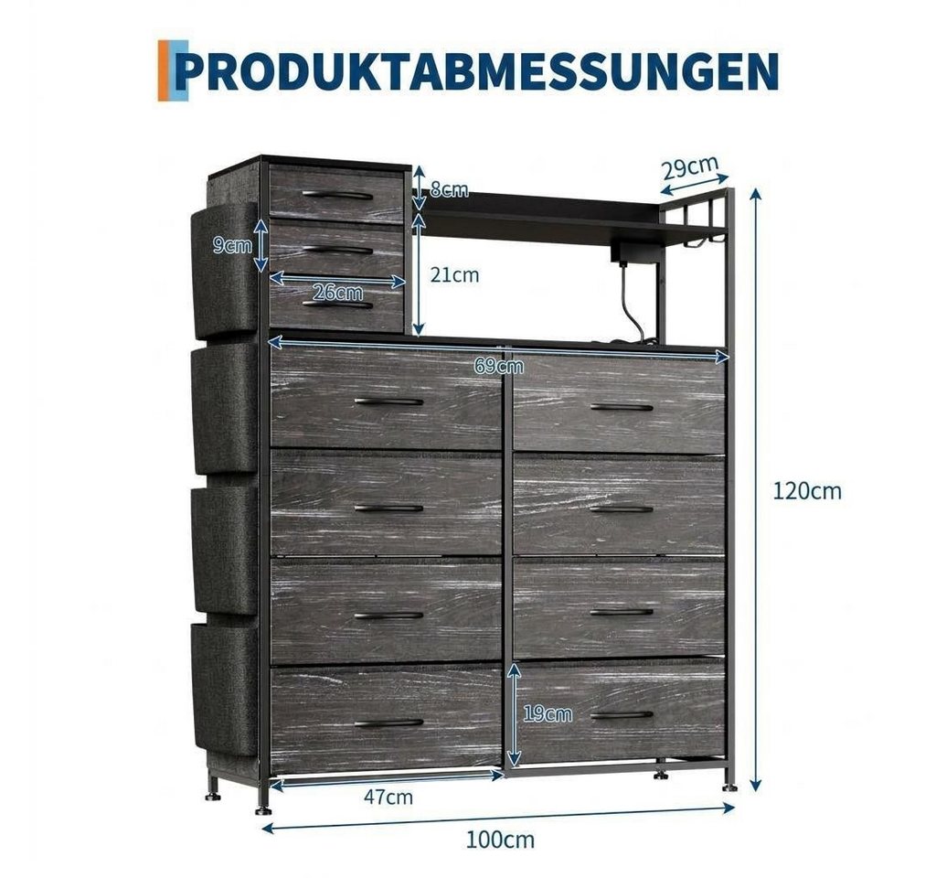 GarveeMore Kommode Highboard Kombikommode Schubkastenkommode mit 8+3 Stoffschubladen (1 St), Hochkommode mit 4 Seitenfächer, USB-Anschluss, LED, Haken und Regal – Bild 2 von 5