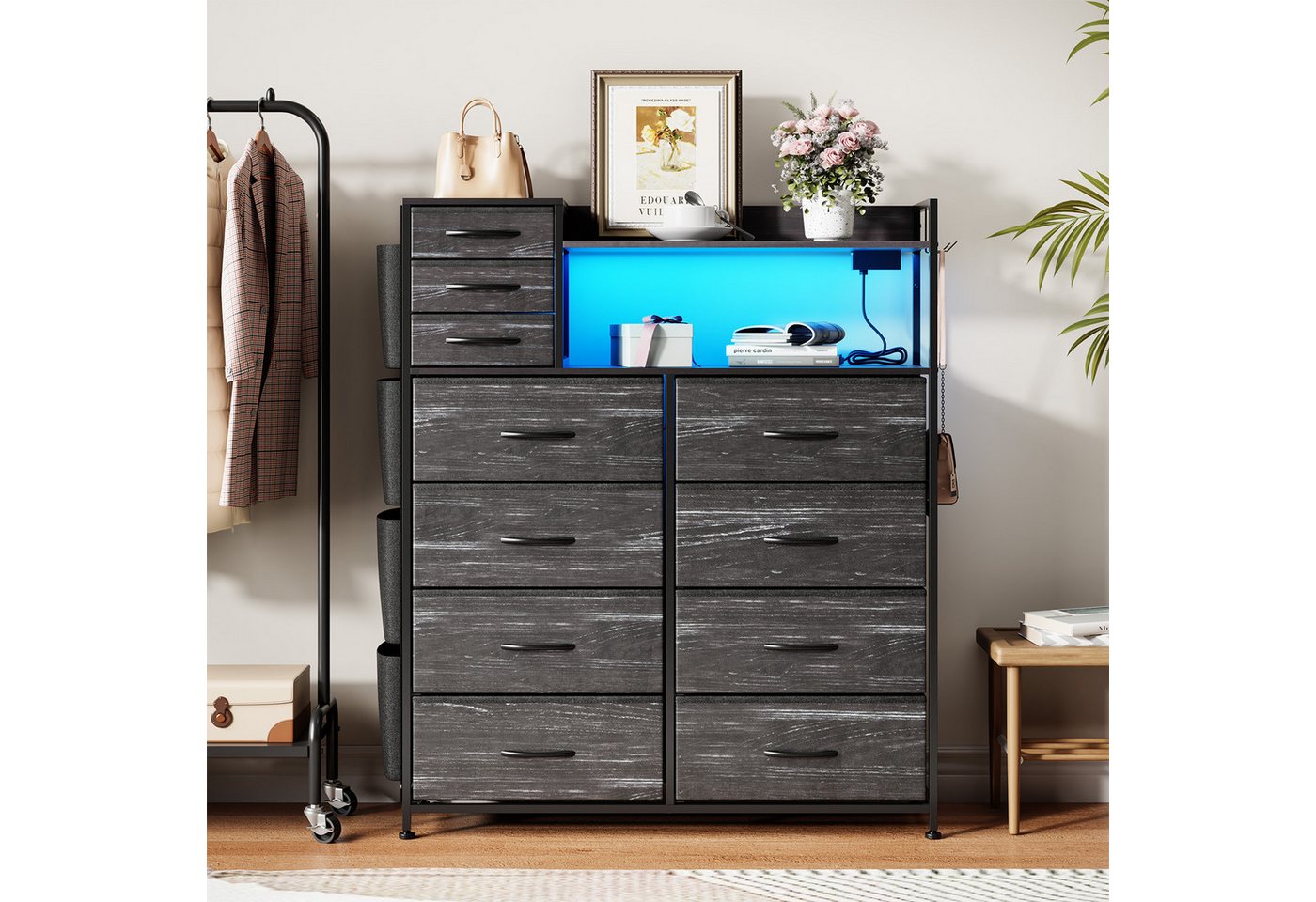 GarveeMore Kommode Highboard Kombikommode Schubkastenkommode mit 8+3 Stoffschubladen (1 St), Hochkommode mit 4 Seitenfächer, USB-Anschluss, LED, Haken und Regal – Bild 3 von 5