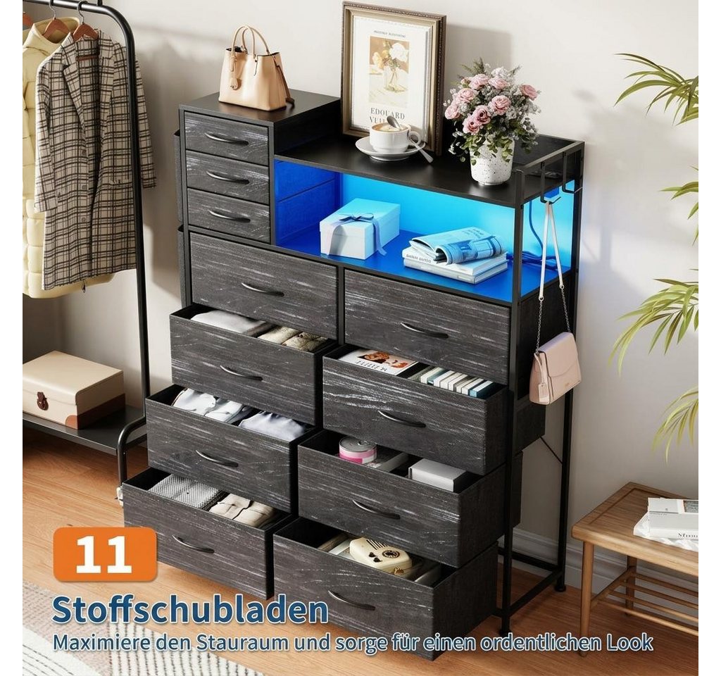 GarveeMore Kommode Highboard Kombikommode Schubkastenkommode mit 8+3 Stoffschubladen (1 St), Hochkommode mit 4 Seitenfächer, USB-Anschluss, LED, Haken und Regal – Bild 4 von 5