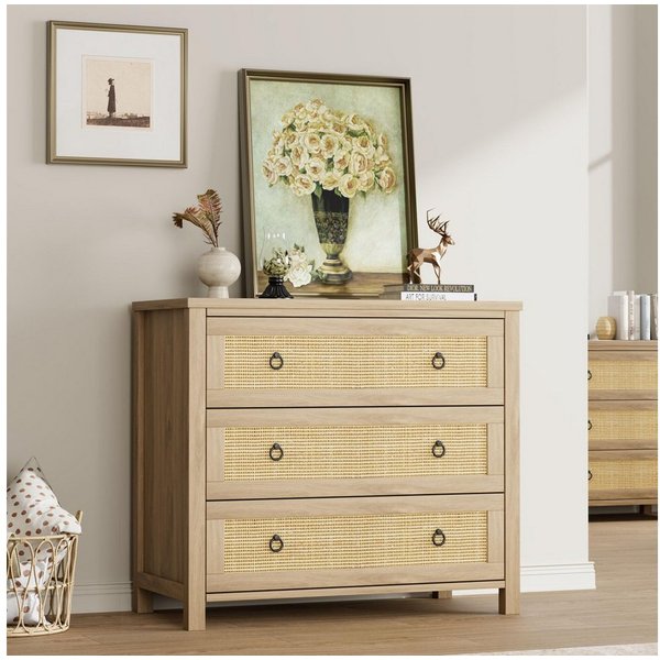 GarveeMore Kommode Kommode mit 3 Schubladen aus Rattan Schubkastenkommode Nachtkommode, Sideboard Anrichte Moderne Mini-Kommode einfache Montage Stauraum