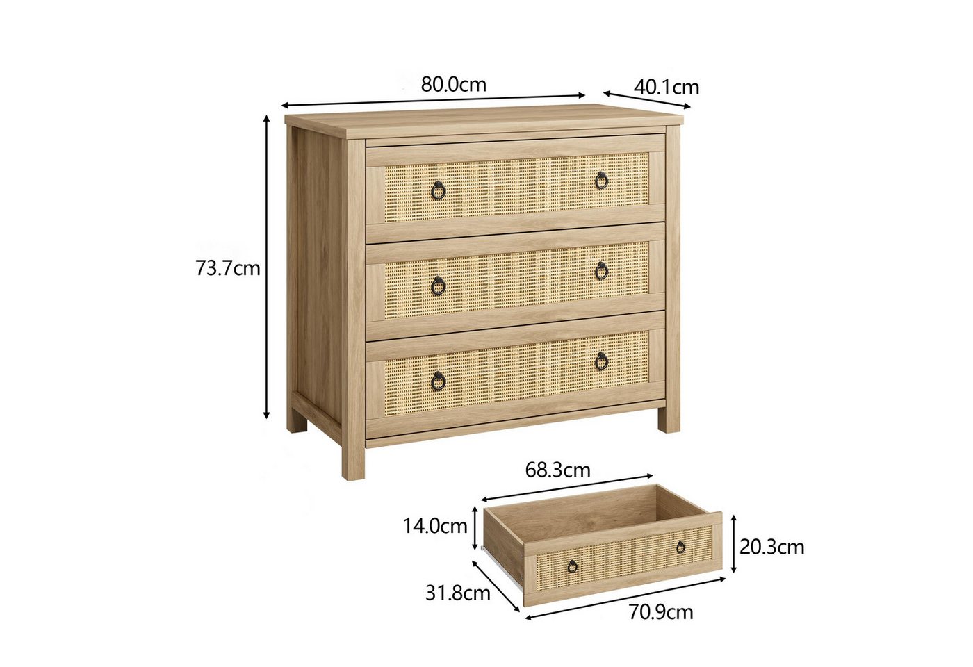 GarveeMore Kommode Kommode mit 3 Schubladen aus Rattan Schubkastenkommode Nachtkommode, Sideboard Anrichte Moderne Mini-Kommode einfache Montage Stauraum – Bild 2 von 5