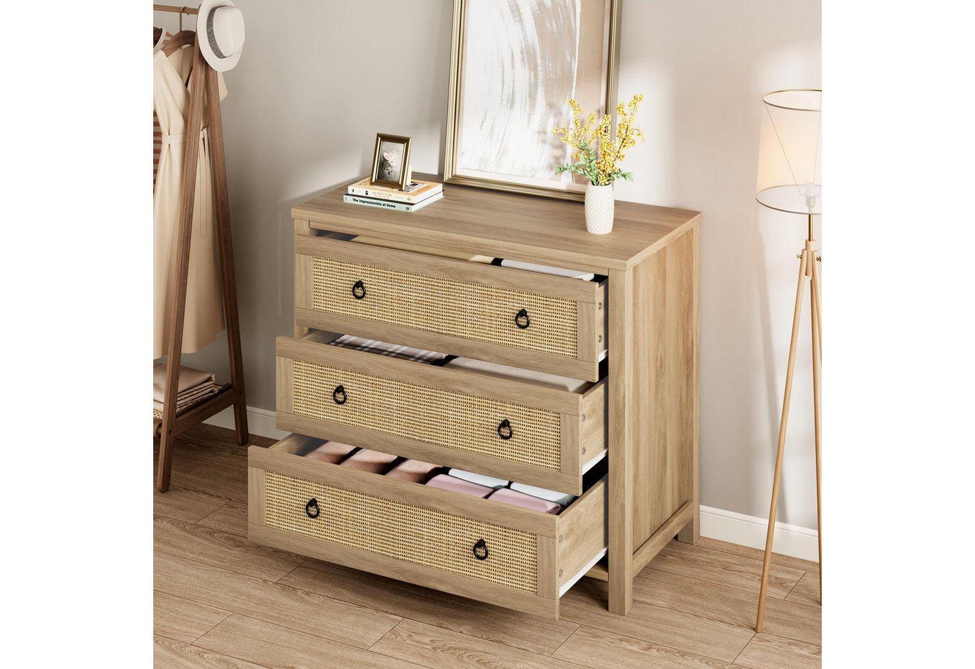GarveeMore Kommode Kommode mit 3 Schubladen aus Rattan Schubkastenkommode Nachtkommode, Sideboard Anrichte Moderne Mini-Kommode einfache Montage Stauraum – Bild 3 von 5