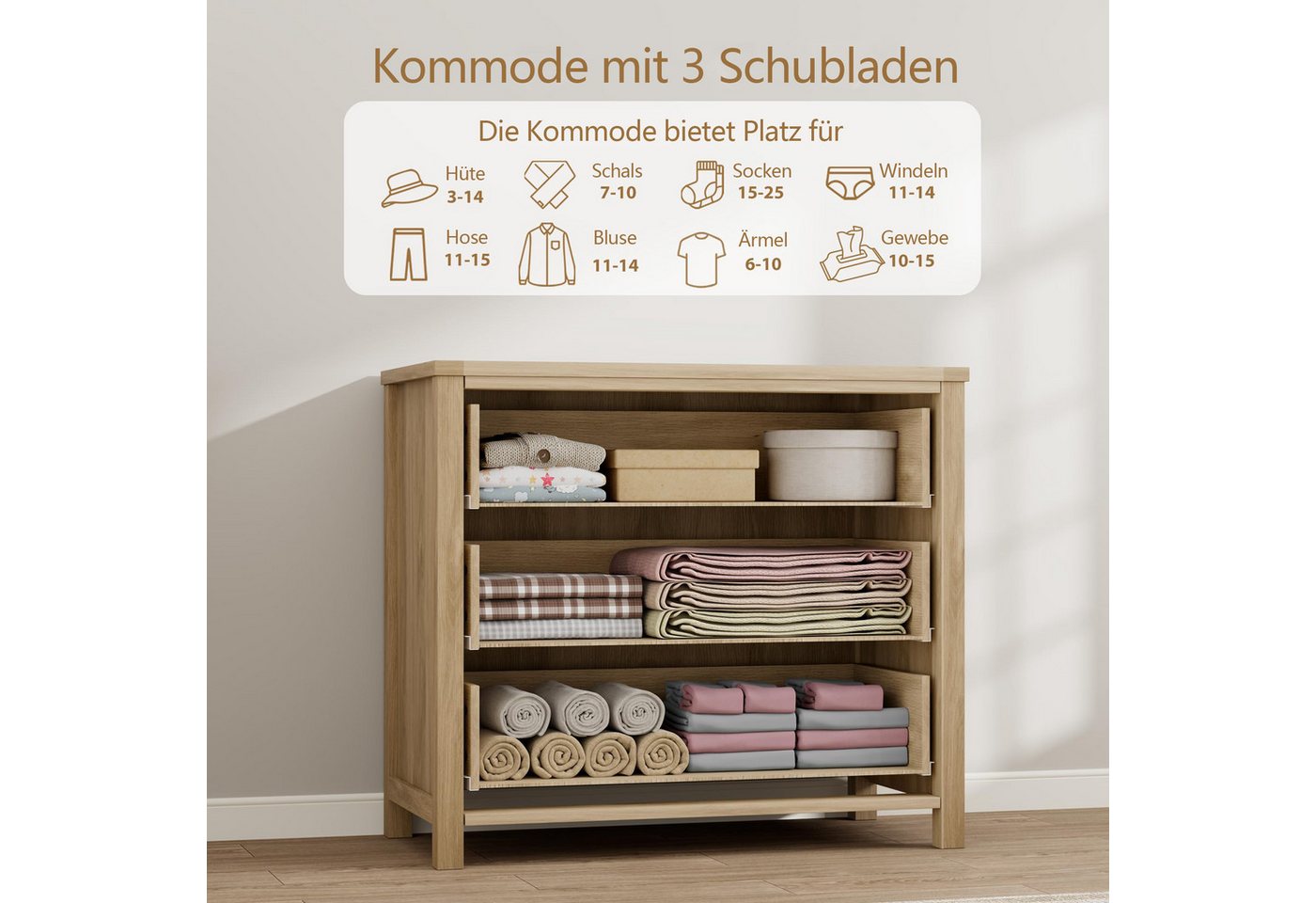 GarveeMore Kommode Kommode mit 3 Schubladen aus Rattan Schubkastenkommode Nachtkommode, Sideboard Anrichte Moderne Mini-Kommode einfache Montage Stauraum – Bild 4 von 5