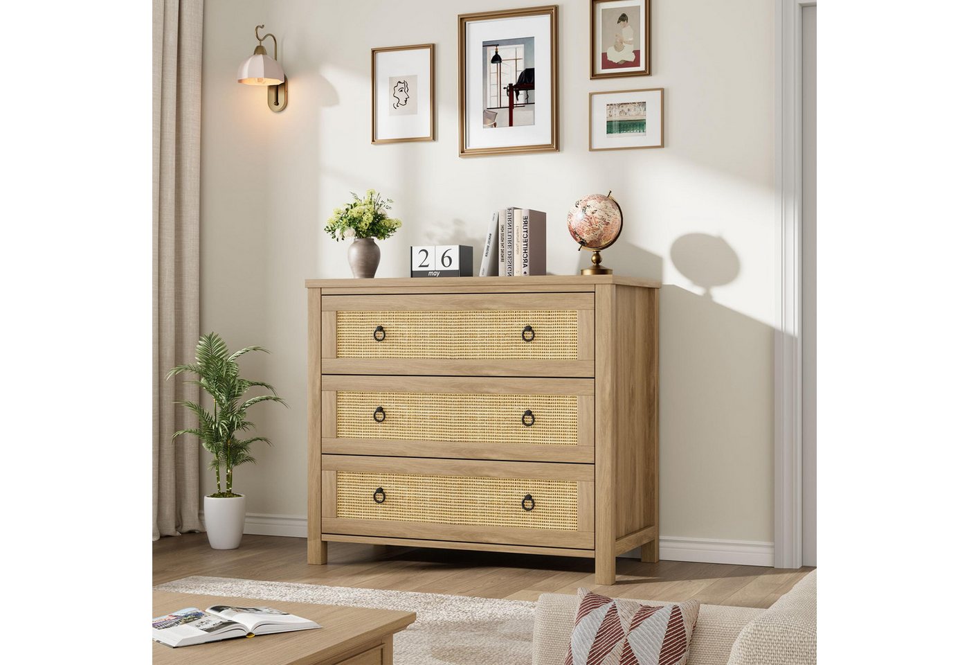 GarveeMore Kommode Kommode mit 3 Schubladen aus Rattan Schubkastenkommode Nachtkommode, Sideboard Anrichte Moderne Mini-Kommode einfache Montage Stauraum – Bild 5 von 5