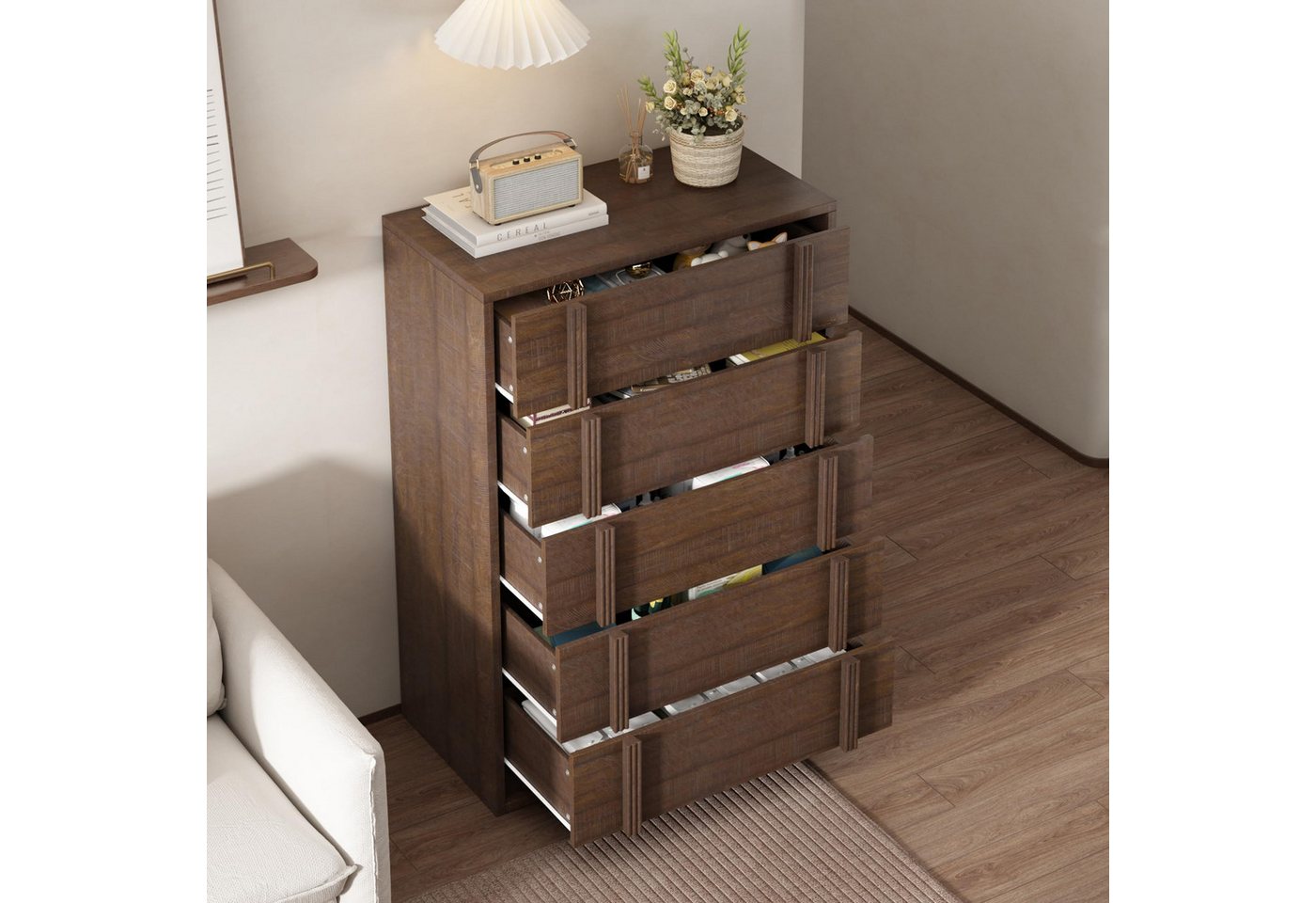 GarveeMore Kommode Moderner Nachtkommode Schubkastenkommode mit 3/4/5 Schubladen, Nachttisch aus Holz Nachtkonsole Hochkommode Lowboard Anrichte – Bild 5 von 5