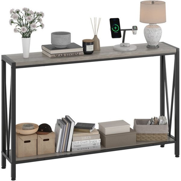 GarveeMore Konsolentisch Schmal Holz Konsolentisch,mit Stauraum, Holz und Metall Couchtisch