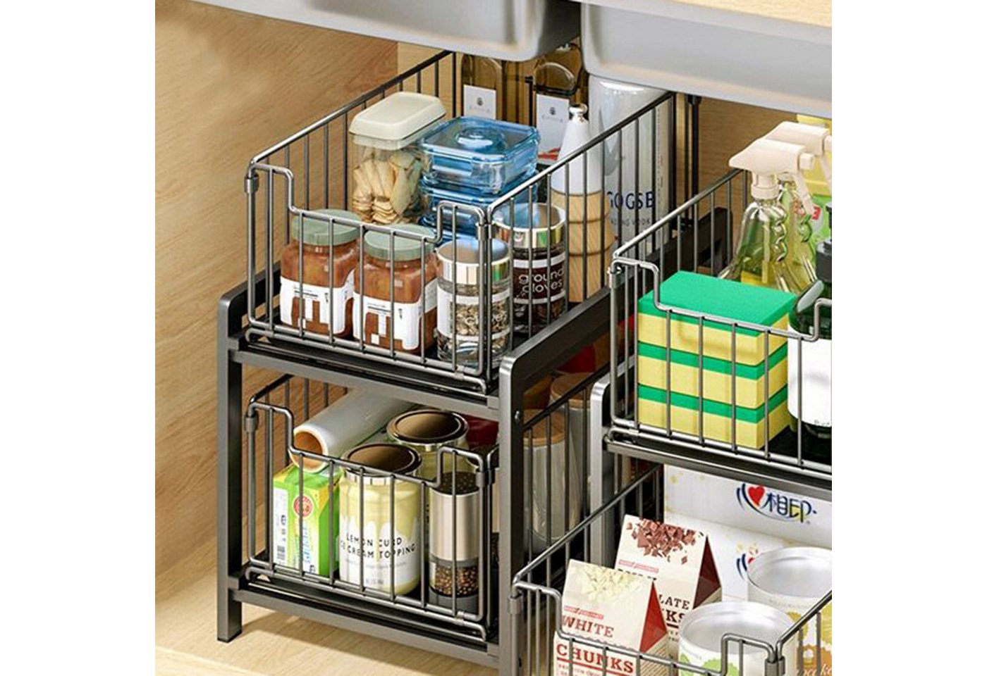 GarveeMore Küchenorganizer-Set 2Ebenen Auszug mit Schiebeschublade Kabinett Organizer Unter der Spüle, Slide-Out Stackable Under Sink Cabinet Organizer Mehrzwec – Bild 3 von 5