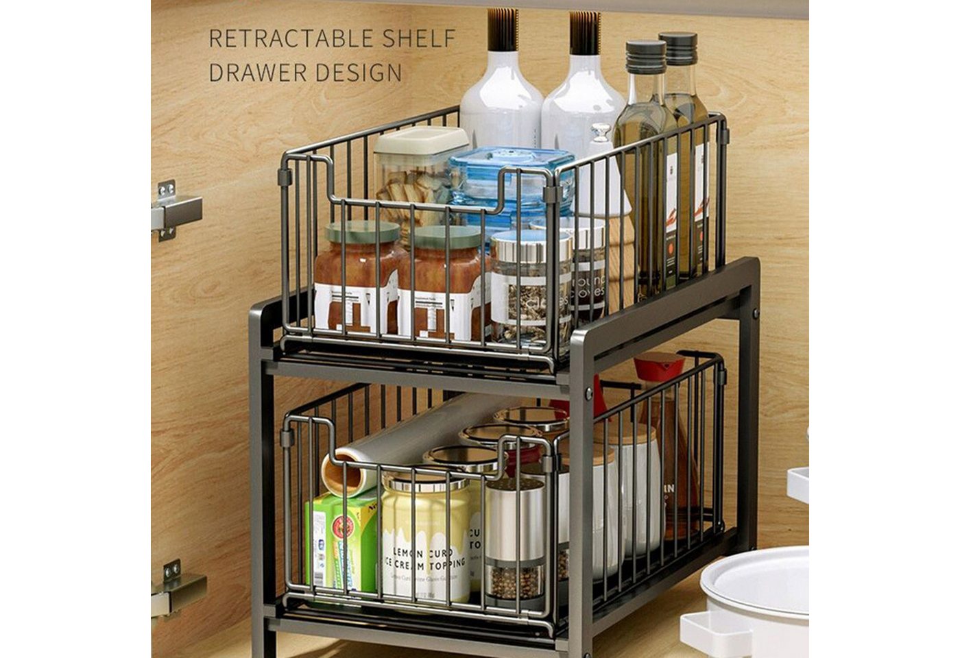 GarveeMore Küchenorganizer-Set 2Ebenen Auszug mit Schiebeschublade Kabinett Organizer Unter der Spüle, Slide-Out Stackable Under Sink Cabinet Organizer Mehrzwec – Bild 4 von 5