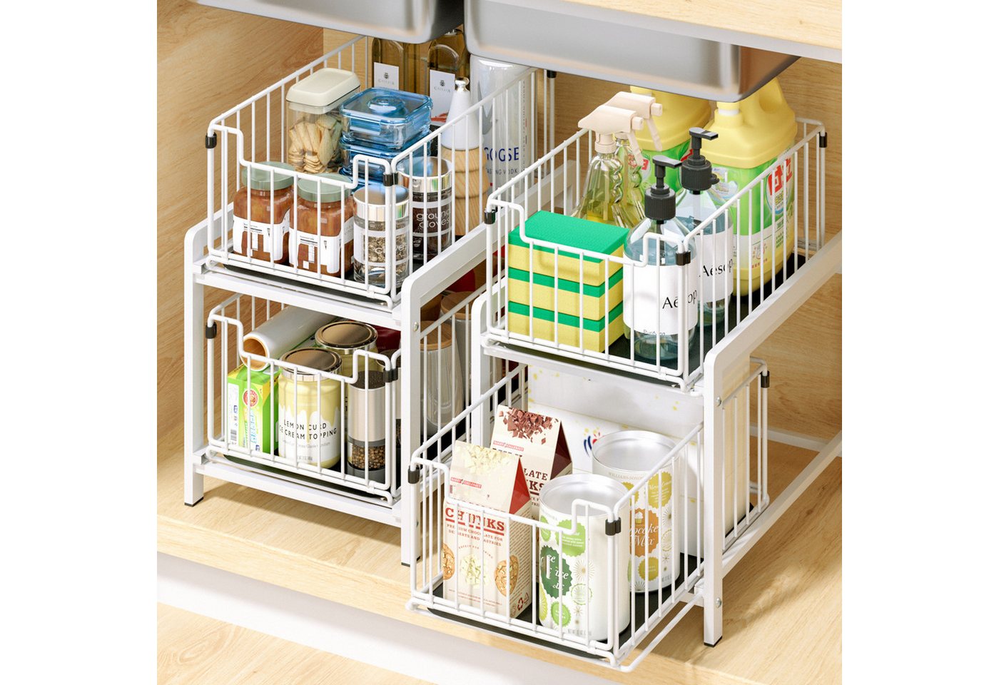 GarveeMore Küchenorganizer-Set 2Ebenen Auszug mit Schiebeschublade Kabinett Organizer Unter der Spüle, Slide-Out Stackable Under Sink Cabinet Organizer Mehrzwec – Bild 5 von 5