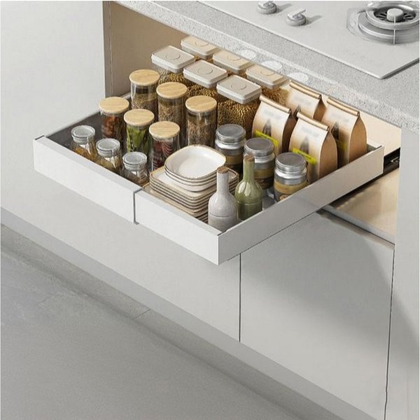 GarveeMore Küchenorganizer-Set 32-52CM Expandierbarer Ausziehbarer Schrank Organizer,FixiertmitKleber, Heavy Duty Auszug,Schubladen Ausziehbare Regale für Küche