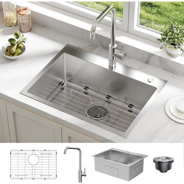 GarveeMore Küchenspüle Edelstahl Spülbecken, Einbauspüle mit Armatur & Zubehör, rechteckig, 60/45 cm, inkl. Ablaufstopfen, Siebkorbventil & Geschirrabtropfgeste