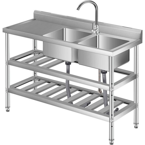 GarveeMore Küchenspüle Edelstahl Spültisch,Freistehende Küchenspüle 2 Becken, Gewerbliche Spülbecken Mit Wasserhahn Kalt Und Warmwasserschläuchen