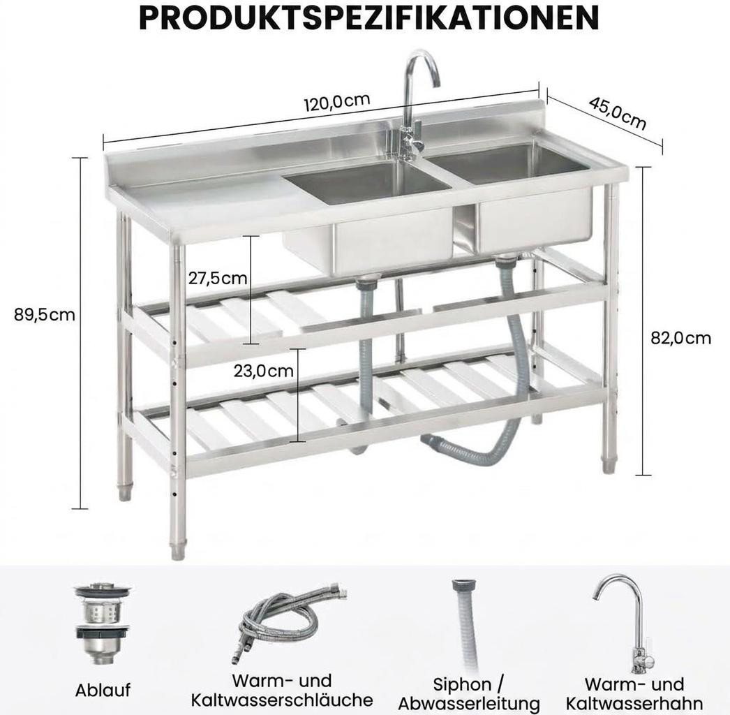 GarveeMore Küchenspüle Edelstahl Spültisch,Freistehende Küchenspüle 2 Becken, Gewerbliche Spülbecken Mit Wasserhahn Kalt Und Warmwasserschläuchen – Bild 2 von 5
