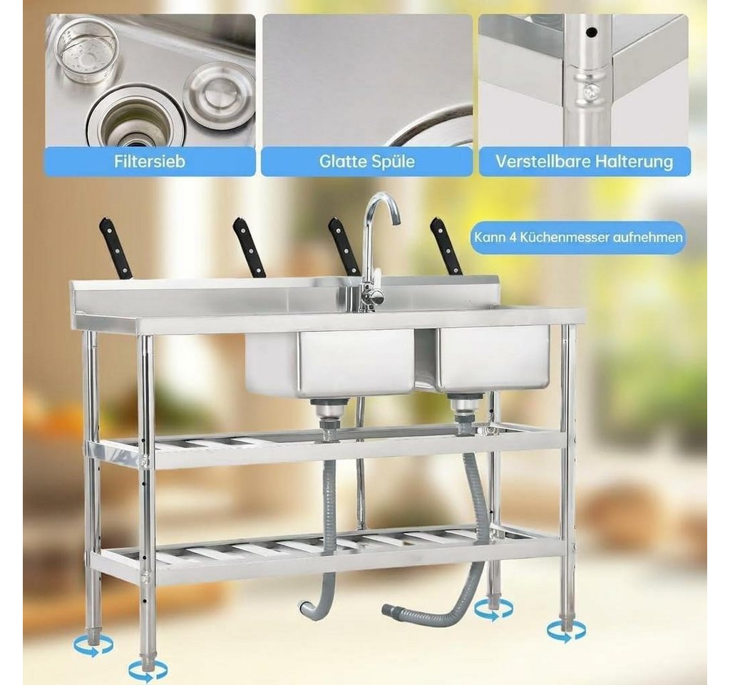 GarveeMore Küchenspüle Edelstahl Spültisch,Freistehende Küchenspüle 2 Becken, Gewerbliche Spülbecken Mit Wasserhahn Kalt Und Warmwasserschläuchen – Bild 3 von 5